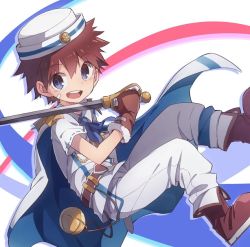 Rule 34 | bad id, bad pixiv id, bandaid, bandaid on face, belt, blue cape, blue eyes, brown belt, brown footwear, brown gloves, brown hair, cape, child, collared shirt, gloves, hat, holding, holding sword, holding weapon, male focus, merc storia, neil (merc storia), open mouth, orb, pants, sailor, sailor hat, shirt, short sleeves, sword, weapon, white pants, white shirt, wool bl