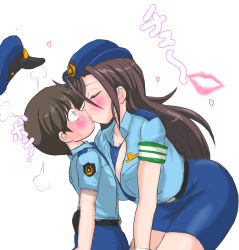 Rule 34 | 1boy, 1girl, age difference, aged up, artist request, brown hair, child, flustered, hat, heart, highres, kiss, necktie, original, police, police uniform, policewoman, simple background, size difference, skirt, uniform, white background