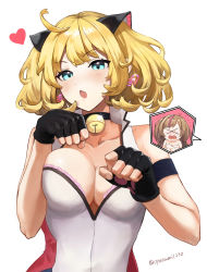Rule 34 | 2girls, :o, absurdres, ahoge, animal ears, aqua eyes, armband, bare shoulders, bell, black gloves, blonde hair, blush, breasts, brown hair, cat ears, choker, cleavage, clenched hand, collarbone, earrings, embarrassed, fake animal ears, fingerless gloves, girls&#039; frontline, gloves, hands over breasts, heart, heart earrings, highres, iitenkidesune, jewelry, jingle bell, large breasts, long hair, looking at viewer, m1911 (girls&#039; frontline), mk23 (girls&#039; frontline), multicolored hair, multiple girls, neck bell, open mouth, pink hair, short hair, signature, simple background, streaked hair, upper body, wavy hair, white background, xo