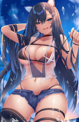 Rule 34 | 1girl, animal ears, bare shoulders, bikini, black bikini, blue eyes, blue shorts, blue sky, blush, breasts, cat ears, cleavage, collarbone, denim, denim shorts, highres, large breasts, long hair, looking at viewer, nakatama kyou, navel, open mouth, original, short shorts, shorts, sky, smile, solo, swimsuit, thighs, wading, wet