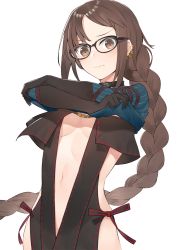 Rule 34 | 1girl, black-framed eyewear, black dress, black gloves, blue shirt, blush, braid, breasts, breasts apart, brown eyes, brown hair, center opening, closed mouth, commentary request, cowboy shot, dress, ear piercing, earrings, embarrassed, fate/grand order, fate (series), floating hair, glasses, gloves, hayashi kewi, jewelry, long hair, medium breasts, navel, piercing, revealing clothes, ribbed shirt, shirt, sidelocks, simple background, single braid, solo, stomach, undressing, very long hair, wavy mouth, white background, yu mei-ren (fate), yu mei-ren (first ascension) (fate)
