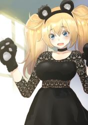 Rule 34 | 1girl, alternate costume, animal ears, animal hands, bear ears, bear paws, black choker, black dress, blonde hair, blue eyes, breasts, choker, collarbone, commentary request, cosplay, cowboy shot, dress, gambier bay (kancolle), gloves, hairband, highres, kantai collection, large breasts, looking at viewer, masukuza j, open mouth, paw gloves, solo, twintails
