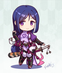 Rule 34 | 10s, 1girl, black footwear, black gloves, blue hair, blush, bodysuit, boots, breasts, chibi, closed mouth, commentary request, cosplay, fate/grand order, fate (series), fingerless gloves, fingernails, gloves, hair between eyes, katana, knee boots, langbazi, long hair, look-alike, love live!, love live! sunshine!!, matsuura kanan, medium breasts, minamoto no raikou (fate), minamoto no raikou (fate) (cosplay), parted bangs, puffy short sleeves, puffy sleeves, purple bodysuit, purple eyes, sheath, sheathed, short sleeves, signature, smile, solo, standing, standing on one leg, sword, very long hair, weapon