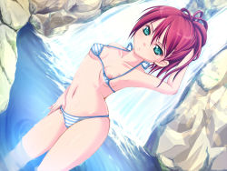 Rule 34 | 1girl, armpits, bikini, breasts, chibimame, eye contact, female focus, green eyes, looking at another, nipple slip, nipples, original, outdoors, red hair, small breasts, solo, striped bikini, striped clothes, swimsuit, water, waterfall