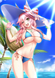 Rule 34 | 1girl, ;d, bikini, blue bikini, blue sky, blush, bracelet, breasts, cleavage, cloud, day, ears through headwear, fate/grand order, fate (series), hat, hat ribbon, highres, horizon, jewelry, large breasts, long hair, looking at viewer, navel, necklace, ocean, one eye closed, open mouth, palm tree, pink hair, ribbon, sennri sabanegi, side-tie bikini bottom, sky, smile, solo, standing, striped ribbon, sunlight, swimsuit, tamamo (fate), tamamo no mae (fate/extra), tamamo no mae (swimsuit lancer) (fate), tamamo no mae (swimsuit lancer) (third ascension) (fate), tree, white hat, yellow eyes