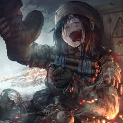 Rule 34 | 1girl, 1other, beanie, black hair, blood, blood from mouth, blood on clothes, blue eyes, bomb, boots, brown headwear, brown jacket, commentary request, commission, dairoku ryouhei, detonator, dynamite, english text, explosive, fingerless gloves, fire, gas mask, gloves, grenade, grey gloves, hair over one eye, hat, hetza (hellshock), holding, jacket, leg grab, long hair, mask, military, military vehicle, mole, mole under eye, motor vehicle, nosebleed, reclining, suicide, suicide bomb, sweat, tank, tearing up, torn clothes, upper body