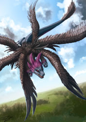 Rule 34 | 10s, black wings, cloud, creatures (company), day, dragon, feather hair, feathered wings, feathers, flying, game freak, gen 5 pokemon, highres, hydreigon, image sample, multiple heads, multiple wings, nature, nintendo, outdoors, pokemon, pokemon (creature), pokemon bw, realistic, red eyes, ruth-tay, scales, sharp teeth, sky, tail, teeth, wings