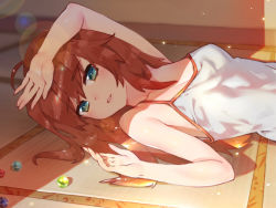 Rule 34 | 10s, 1girl, aqua eyes, bare shoulders, breasts, brown hair, cleavage, darling in the franxx, half-closed eyes, hand on own head, lying, marble (toy), miku (darling in the franxx), on back, parted lips, small breasts, solo, sweat, tank top, twintails, waterring