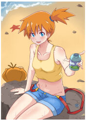 1girl :d absurdres arm_support asymmetrical_hair bare_arms bare_shoulders beach blendinglight blue_eyes blue_shorts blush bottle breasts creatures_(company) crop_top day denim denim_shorts eyelashes game_freak gen_1_pokemon groin gym_leader hair_between_eyes hair_tie highres holding holding_bottle looking_at_viewer midriff misty_(pokemon) navel nintendo open_mouth orange_hair outdoors pokemon pokemon_(anime) pokemon_(classic_anime) ponytail psyduck rock sand shiny_skin shirt short_hair short_shorts shorts side_ponytail sitting sleeveless sleeveless_shirt smile solo suspenders sweat tank_top teeth thighs tongue upper_teeth_only water yellow_shirt yellow_tank_top