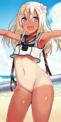 Rule 34 | 10s, 1girl, :d, absurdres, amano don, bad id, bad pixiv id, blonde hair, blue eyes, blush, bottomless, crop top, happy, highres, kantai collection, long hair, navel, no pussy, one-piece tan, open mouth, ro-500 (kancolle), sailor collar, school uniform, serafuku, smile, solo, swimsuit, tan, tanline, torpedo