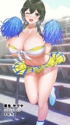 Rule 34 | 1girl, absurdres, bad id, bad pixiv id, bare shoulders, black hair, bleachers, blue skirt, blush, breasts, cheerleader, cleavage, clothes lift, collarbone, day, hair over shoulder, highres, huge breasts, long hair, looking at viewer, midriff, one eye closed, open mouth, outdoors, pleated skirt, pom pom (cheerleading), raidon, revealing clothes, school uniform, skirt, skirt lift, smile, solo, steaming body, sweat, thighs, two-tone skirt, underwear, yellow skirt