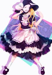 Rule 34 | 1girl, apron, arm up, bad id, bad pixiv id, blonde hair, bow, braid, eyelashes, female focus, full body, hair bow, hand on headwear, hat, hat over one eye, hat ribbon, highres, kirisame marisa, kneehighs, layered skirt, legs apart, light smile, lips, long hair, looking at viewer, mary janes, mikazuki yurayura, multicolored background, one eye covered, puffy short sleeves, puffy sleeves, ribbon, shadow, shoes, short sleeves, simple background, single braid, skirt, skirt set, socks, solo, sparkle, touhou, waist apron, witch hat, yellow eyes