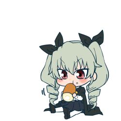 Rule 34 | 1girl, anchovy (girls und panzer), anzio school uniform, black cape, black ribbon, blush, cape, cheek bulge, chibi, drill hair, eating, female focus, food, full body, girls und panzer, green hair, grin, hair ribbon, hanya (hanya yashiki), holding, holding food, long hair, looking to the side, red eyes, ribbon, school uniform, simple background, sitting, skirt, smile, solo, twin drills, twintails, upper body, very long hair