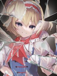 Rule 34 | 1girl, alice margatroid, black background, blonde hair, blue dress, blue eyes, blue wrist cuffs, bow, buttons, capelet, dress, frilled hairband, frilled wrist cuffs, frills, glass shards, hair between eyes, hairband, hayuk0, highres, long sleeves, looking at viewer, open mouth, parted lips, puffy short sleeves, puffy sleeves, red hairband, red ribbon, ribbon, short hair, short sleeves, simple background, smile, solo, string, teeth, touhou, upper body, white capelet, wrist cuffs
