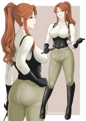 Rule 34 | 1girl, ass, black corset, black footwear, black gloves, boots, breasts, brown pants, commentary, corset, feet out of frame, from side, full body, gloves, grey eyes, hair ornament, hair scrunchie, hand on own hip, highres, holding, holding riding crop, holding whip, idolmaster, idolmaster cinderella girls, jockey, large breasts, latex corset, leather, leather boots, leather gloves, long hair, long sleeves, looking at viewer, looking to the side, multiple views, open mouth, orange hair, pants, parted lips, ponytail, riding crop, scrunchie, serious graphics, shirt, sidelocks, simple background, smirk, standing, suspenders, tight clothes, tight pants, twitter username, whip, white shirt, zaizen tokiko