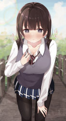 Rule 34 | 1girl, absurdres, akagikou, black hair, black pantyhose, blue skirt, blurry, blurry background, blush, breasts, collarbone, collared shirt, commentary request, cowboy shot, depth of field, grey eyes, grey vest, hand on own chest, hand on own thigh, highres, large breasts, long sleeves, looking at viewer, medium hair, miniskirt, necktie, original, pantyhose, pleated skirt, school uniform, shirt, skirt, solo, standing, striped necktie, striped neckwear, sweat, translation request, vest, white shirt
