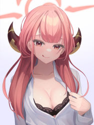 Rule 34 | 1girl, :q, absurdres, andamiro, aru (blue archive), black bra, blue archive, bra, breasts, cleavage, clothes pull, collarbone, collared shirt, demon horns, halo, highres, horns, lace, lace bra, long hair, long sleeves, looking at viewer, medium breasts, pink eyes, pink hair, shirt, shirt pull, sidelocks, simple background, smile, solo, tongue, tongue out, underwear, upper body, white shirt