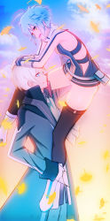 Rule 34 | 1boy, 1girl, antenna hair, artist name, ascot, ass, blonde hair, blue eyes, blue hair, carrying, carrying person, closed mouth, cloud, coat, collar, day, eiyuu densetsu, english text, eyes visible through hair, falcom, gloves, high collar, highres, jusis albarea, legs, looking at another, millium orion, open mouth, sen no kiseki, short hair, sky, spiked hair, thighhighs, thighs, white gloves, yellow eyes