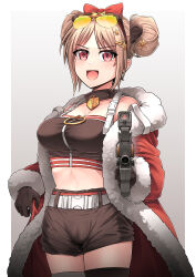 Rule 34 | 1girl, absurdres, black gloves, black shorts, black thighhighs, blush, bow, breasts, bullpup, cleavage, coat, collar, commentary, commission, double bun, english commentary, eyewear on head, fur-trimmed coat, fur trim, girls&#039; frontline, gloves, gradient background, grey background, gun, hair bow, hair bun, hair ornament, hairclip, highres, holding, holding gun, holding weapon, large breasts, light brown hair, medium breasts, official alternate costume, open mouth, p90, p90 (girls&#039; frontline), p90 (scarlet turbo) (girls&#039; frontline), personal defense weapon, pixiv commission, pointing, pointing at viewer, red bow, red coat, red eyes, scope, senpaihawkkun, shorts, smile, solo, star (symbol), star hair ornament, submachine gun, thighhighs, two-tone background, weapon, white background