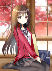Rule 34 | 1girl, autumn leaves, black pantyhose, black sailor collar, black skirt, blurry, blurry background, blush, breasts, brown eyes, brown hair, closed mouth, collarbone, commentary request, depth of field, hair between eyes, headphones, headphones around neck, highres, indoors, jacket, long hair, looking at viewer, open clothes, open jacket, pantyhose, pleated skirt, red jacket, ryoutan, sailor collar, school uniform, senryuu shoujo, shirt, sitting, skirt, small breasts, smile, solo, very long hair, wariza, white neckwear, white shirt, window, yukishiro nanako