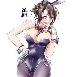 Rule 34 | 1girl, alternate costume, alternate hairstyle, animal ears, ashigara (kancolle), black leotard, black pantyhose, bow, bowtie, brown hair, character name, commentary request, cowboy shot, detached collar, fake animal ears, gloves, hand on own hip, kantai collection, leaning forward, leotard, long hair, one-hour drawing challenge, one eye closed, orange eyes, pantyhose, playboy bunny, rabbit ears, rabbit tail, red bow, red bowtie, sidelocks, simple background, solo, strapless, strapless leotard, tail, udukikosuke, white background, white gloves