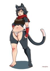 Rule 34 | 1girl, :d, absurdres, animal ears, arm at side, arm guards, armor, artist name, bare shoulders, barefoot, black hair, body fur, breasts, cat ears, cat girl, cat tail, crop top, dungeon meshi, full body, fundoshi, gangtick, hand on own hip, highres, izutsumi, japanese clothes, korean commentary, leather armor, looking at viewer, medium breasts, mismatched animal ear colors, navel, no pants, open mouth, red scarf, scarf, short hair, simple background, sleeveless, slit pupils, smile, standing, tail, white background, yellow eyes
