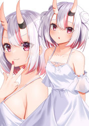 Rule 34 | 1girl, arms behind back, bare shoulders, blush, breasts, closed mouth, divergenceok, double bun, dress, hair between eyes, hair bun, hand up, highres, hololive, horns, looking at viewer, multicolored hair, multiple views, nail polish, nakiri ayame, oni, parted lips, red eyes, red hair, red nails, short hair, short sleeves, simple background, skin-covered horns, small breasts, smile, streaked hair, upper body, virtual youtuber, w, white background, white dress, white hair