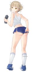Rule 34 | 1girl, absurdres, adjusting clothes, ass, bare arms, bare shoulders, blonde hair, blue buruma, blue footwear, blue shorts, blunt bangs, blush, boku no hero academia, buruma, commentary, crop top, double bun, from behind, full body, grin, gym uniform, hair bun, highres, holding, kneehighs, looking at viewer, looking back, midriff, rynzfrancis, shirt, shoes, short hair, short shorts, shorts, sidelocks, simple background, smile, sneakers, socks, solo, sportswear, standing, teeth, toga himiko, underwear, white background, white shirt, white socks, yellow eyes
