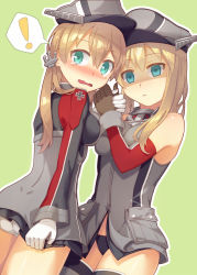 Rule 34 | !, 10s, 2girls, anchor hair ornament, bare shoulders, bismarck (kancolle), black gloves, black panties, blonde hair, blue eyes, blush, breasts, colored eyelashes, detached sleeves, gloves, green eyes, grey legwear, hair ornament, hat, holding hands, kantai collection, kibamigohann, long hair, long sleeves, looking at viewer, looking back, military, military hat, military uniform, multiple girls, open mouth, panties, pantyshot, peaked cap, prinz eugen (kancolle), simple background, skirt, skirt tug, squatting, standing, tears, thighhighs, tongue, twintails, underwear, uniform, upskirt, white gloves, white panties