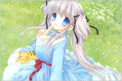 Rule 34 | 1girl, 2000s (style), :d, animal, black ribbon, blue choker, blue eyes, blue jacket, blush, border, breasts, choker, cleavage, criss-cross halter, dress, finger to mouth, floating hair, flower, grass, grey border, grey hair, hair between eyes, hair ribbon, halterneck, hand up, index finger raised, jacket, large breasts, light particles, long hair, long sleeves, looking at viewer, mabinogi, nao (mabinogi), official alternate costume, open mouth, red ribbon, ribbon, shararan, sidelocks, sitting, smile, solo, twintails, very long hair, weird cat, white dress, white flower