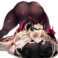 Rule 34 | 1girl, absurdres, arm rest, armor, ass, blonde hair, bodystocking, bodysuit, breasts, brown bodysuit, chain, barghest (fate), barghest (second ascension) (fate), fate/grand order, fate (series), flexible, full body, gauntlets, gloves, green eyes, hands on ground, heterochromia, highres, horns, huge breasts, jack-o&#039; challenge, long hair, looking ahead, makuro, pauldrons, pelvic curtain, red eyes, shoulder armor, simple background, single gauntlet, single pauldron, solo, spread legs, stretching, tall female, top-down bottom-up, white background, wide spread legs