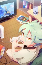 Rule 34 | 1boy, bag, chips (food), controller, food, fubuki atsuya, fubuki shirou, game console, game controller, gamepad, glass, green hair, headphones, ice, ice cube, inazuma eleven, inazuma eleven (game), inazuma eleven (series), inazuma eleven strikers, looking at viewer, male focus, open mouth, popsicle stick, potato chips, solo, television, wato samirika, wii, yellow eyes