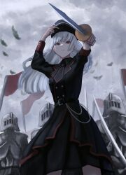Rule 34 | 1girl, 3others, absurdres, armor, arms up, belt, black dress, black headwear, blunt bangs, chain, cloud, cloudy sky, collared dress, dress, feet out of frame, flag, floating hair, frown, full armor, hand on headwear, hat, high belt, highres, holding, holding sword, holding weapon, knight, kyano (kyanora3141), long hair, long sleeves, multiple others, original, red eyes, red flag, sky, sword, weapon, white hair