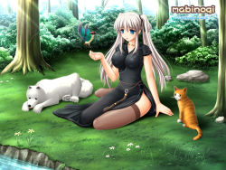 Rule 34 | 1girl, bird, blue eyes, breasts, cat, china dress, chinese clothes, choker, dog, dress, flower, forest, grass, hair ribbon, highres, jewelry, kafu (logaemon), light rays, long hair, mabinogi, nao (mabinogi), nature, ribbon, river, side slit, sitting, solo, sunbeam, sunlight, thighhighs, tight clothes, tree, twintails, wallpaper, white hair
