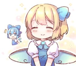 Rule 34 | 2girls, ^^^, ahoge, blonde hair, blue bow, blue dress, blue hair, blue vest, bow, cirno, closed eyes, closed mouth, coa (chroo x), collared shirt, daiyousei, detached wings, dress, fairy, fairy wings, hair bow, ice, ice wings, multiple girls, puffy short sleeves, puffy sleeves, shirt, short hair, short sleeves, side ponytail, sketch, smile, touhou, vest, white shirt, wings