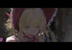 Rule 34 | 1girl, absurdres, blonde hair, blood, blood on face, bonnet, closed mouth, flandre scarlet, frilled bonnet, frills, grey background, hair between eyes, highres, letterboxed, looking up, one side up, red headwear, shirt, solo, touhou, white shirt, ztoz