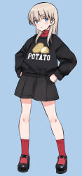 Rule 34 | 1girl, black footwear, black skirt, black sweater, blue background, blue eyes, blush, commentary request, full body, grey hair, hands on own hips, long hair, looking at viewer, luminous witches, lyudmila andreyevna ruslanova, mary janes, potato, red socks, shimada fumikane, shoes, simple background, skirt, smile, socks, solo, sweater, world witches series
