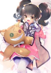 Rule 34 | 1girl, anise tatlin, black hair, brown eyes, doll, gloves, hair ribbon, long hair, open mouth, ribbon, simple background, smile, solo, tales of (series), tales of the abyss, thighhighs, tokunaga (tales), twintails, waving, white background, yun (dust-i1)