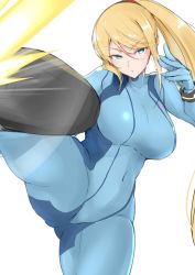 Rule 34 | 1girl, absurdres, blonde hair, blue eyes, blush, breasts, covered navel, gluteal fold, highres, kicking, large breasts, leg lift, long hair, maruyaa (malya1006), metroid, nintendo, ponytail, reflective clothing, samus aran, simple background, sketch, skin tight, sleeve cuffs, solo, standing, standing on one leg, thighs, white background, zero suit