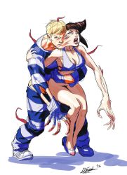 Rule 34 | 1boy, 1girl, alternate costume, arm around waist, bad id, bad tumblr id, bare shoulders, black hair, blonde hair, blue eyes, body horror, bottomless, bra, breasts, claws, cleavage, cody travers, commentary, crossover, diepod, drill hair, eldritch abomination, final fight, fusion, han juri, implied sex, legs together, o-ring, o-ring top, open mouth, pink eyes, prison clothes, shoe dangle, signature, standing, street fighter, street fighter iv (series), the thing, the thing (creature), twin drills, underwear, what, white background
