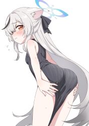 Rule 34 | 1girl, animal ear fluff, animal ears, ass, ass focus, black dress, black ribbon, blue archive, blush, breasts, brown eyes, child, commentary request, cowboy shot, dress, grey hair, hair ribbon, halo, hands on own thighs, highres, kokona (blue archive), long hair, looking at viewer, panties, panty peek, pantylines, pout, ribbon, sidelocks, sleeveless, sleeveless dress, small breasts, solo, striped clothes, striped dress, sweat, tearing up, thighs, tibaridooor, underwear, vertical-striped clothes, vertical-striped dress, white background, white panties