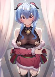 Rule 34 | 1girl, ahoge, alternate costume, bare shoulders, bell, black thighhighs, blue hair, blush, bow, breasts, curtains, esencey, ganyu (genshin impact), garter belt, genshin impact, gold trim, halterneck, highres, horns, light smile, long hair, looking at viewer, medium breasts, neck bell, purple eyes, red bow, sidelocks, solo, standing, thighhighs