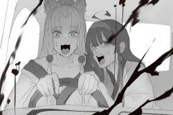 Rule 34 | 2girls, :3, absurdres, ahoge, animal ears, blood, blood splatter, breasts, chainsaw man, cleavage, collarbone, commentary, derivative work, driving, fox ears, fox girl, fujimoto tatsuki (style), greyscale, hairband, high ponytail, highres, japanese clothes, kimono, long hair, comic panel redraw, medium breasts, meme, monochrome, motion blur, multiple girls, off shoulder, open mouth, parted bangs, power crashes kobeni&#039;s car (meme), scared, shiburingaru, sidelocks, single bare shoulder, steering wheel, sweat, touhoku itako, touhoku zunko, voiceroid, wide-eyed