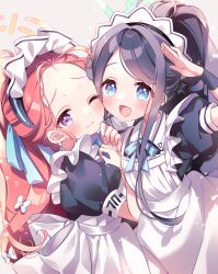 Rule 34 | 2girls, apron, aris (blue archive), aris (maid) (blue archive), black hair, black wristband, blue archive, blue eyes, blush, bow, closed mouth, commentary request, forehead, green halo, hair bow, halo, hand up, hands up, highres, long hair, looking at viewer, maid, maid apron, maid headdress, mata, multiple girls, official alternate costume, one eye closed, open mouth, orange halo, ponytail, puffy short sleeves, puffy sleeves, purple eyes, salute, short sleeves, smile, upper body, white apron, white bow, yuzu (blue archive), yuzu (maid) (blue archive)