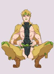 Rule 34 | 1boy, abs, black nails, blonde hair, bracelet, bulge, closed mouth, crotchless, crotchless pants, cum, cum on body, cum on male, cum on clothes, dio brando, earrings, erection, erection under clothes, fangs, fingernails, green lips, headband, heart, highres, honlo, jacket, jewelry, jojo no kimyou na bouken, long hair, long sleeves, looking at viewer, male focus, muscular, muscular male, nail polish, nipples, pants, pectorals, penis, pointy footwear, red eyes, revealing clothes, sharp fingernails, shoes, simple background, solo, spread legs, squatting, yellow jacket, yellow pants