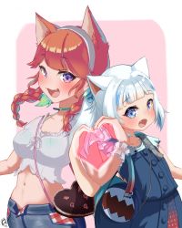 Rule 34 | 2girls, :3, anchor print, animal ears, back-to-back, bag, belt, bikini, bikini top only, bikini under clothes, blue eyes, blue hair, blunt bangs, blush, bra, bra visible through clothes, braid, breasts, cat ears, choker, collarbone, crop top, dress, dress shirt, fang, frills, gawr gura, gawr gura (casual), green bikini, green bra, green eyes, hairband, handbag, heart, heart hands, heart hands duo, height difference, highres, hololive, hololive english, leaning back, looking at viewer, midriff, multicolored hair, multiple girls, navel, official alternate costume, open fly, open mouth, orange hair, outside border, plaid, purple eyes, shirt, short sleeves, sideways glance, signature, simple background, skirt, smile, square neckline, swept bangs, swimsuit, takanashi kiara, takanashi kiara (casual), tsurime, twin braids, two-tone hair, underwear, upper body, virtual youtuber, white hair, white shirt, wristband, yuika nia