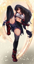 Rule 34 | 1girl, bike shorts, black hair, black shorts, black skirt, black thighhighs, boots, breasts, brown footwear, earrings, elbow pads, final fantasy, final fantasy vii, final fantasy vii remake, fingerless gloves, full body, gloves, highres, jewelry, large breasts, long hair, low-tied long hair, masayoshi, midriff, navel, shorts, shorts under skirt, skirt, solo, standing, standing on one leg, suspender skirt, suspenders, tank top, thighhighs, tifa lockhart, very long hair, white tank top