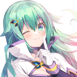 Rule 34 | 1girl, ;), breasts, bucchake (asami), cleavage, closed mouth, floating hair, gloves, green eyes, green hair, hair ornament, index finger raised, kaitou tenshi twin angel, long hair, looking at viewer, medium breasts, one eye closed, simple background, smile, solo, tesla violet, twin angel, upper body, white background, white gloves