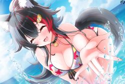 Rule 34 | 1girl, :3, absurdres, animal ear fluff, animal ears, bikini, black collar, black hair, blue sky, blush, closed eyes, cloud, collar, hair ornament, hairpin, highres, hololive, long hair, multicolored hair, muutsu (maxwell0916), official alternate costume, ookami mio, ookami mio (hololive summer 2019), open mouth, outstretched hand, ponytail, red hair, sky, smile, solo, streaked hair, swimsuit, tail, virtual youtuber, wading, water, white bikini, wolf ears, wolf girl, wolf tail