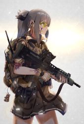 Rule 34 | 1girl, assault rifle, backpack, bag, bag charm, black skirt, brown gloves, bullpup, carbine, casino (casinoep), charm (object), closed mouth, cowboy shot, fingerless gloves, from behind, gloves, goggles, grey hair, gun, headset, highres, holding, holding gun, holding weapon, l85, lens flare, load bearing vest, long hair, machine gun, military, original, outdoors, pleated skirt, ponytail, profile, rifle, sa80, scope, short sleeves, sidelocks, skirt, solo, squad automatic weapon, tattoo, trigger discipline, weapon, yellow eyes